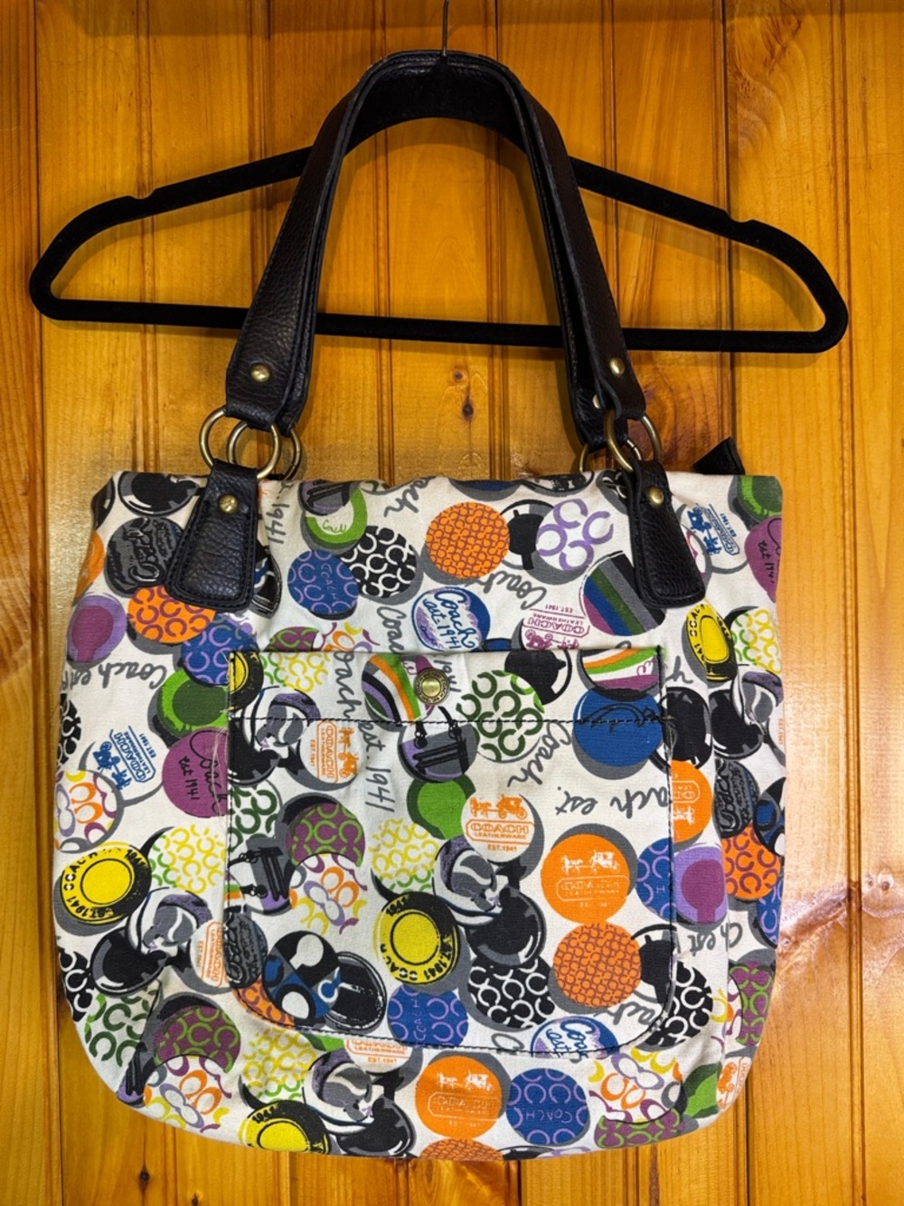 Vintage Coach Like Multicolor Logo Dot Canvas Tote with Black Leather Handles - Picture 1 of 12